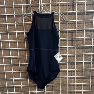 RP “Russian point”- black, high neck leotard with mesh detailing.